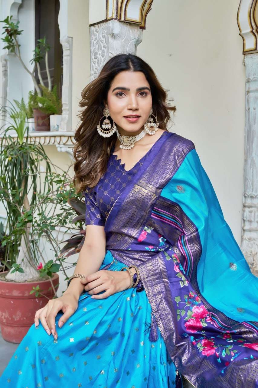 Sky Blue Tussar Silk Lehenga Choli with Dark Blue Blouse | Minakari & Foil Print | Wedding & Festive Wear - Image 2